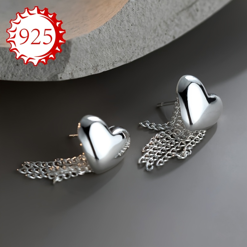 925 Silver Love Tassel Earrings Exaggerated Fashionable Niche High End Ear